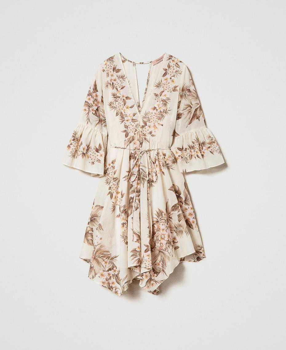 Abito corto asimmetrico in mussola stampata