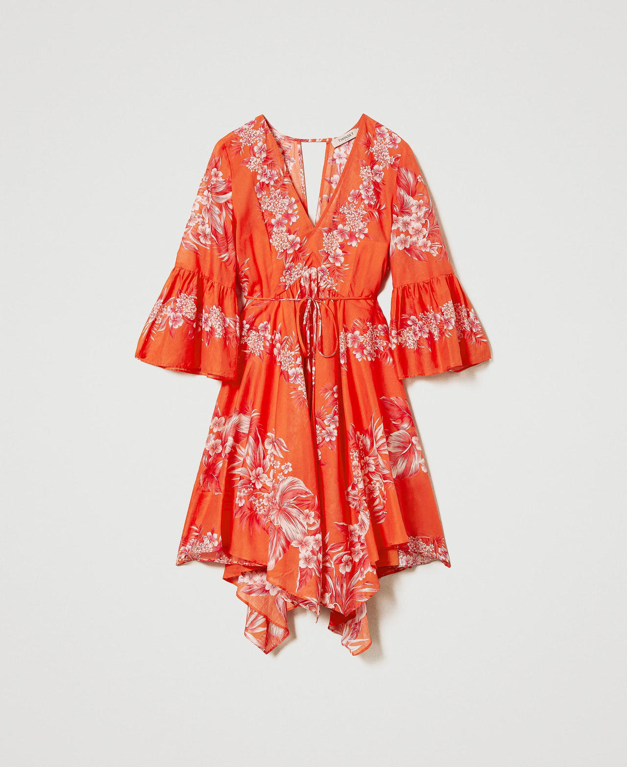 Короткое асимметричное платье из набивного муслина Принт Рисунок Гибискус Слоновая кость / Розовый женщина 231TT2452-0S