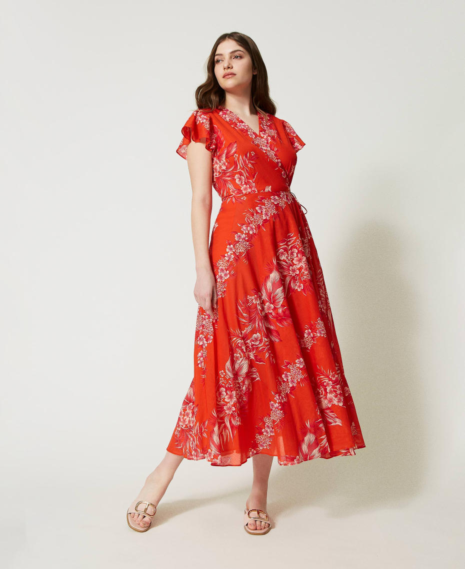 Long printed muslin wrap-around dress