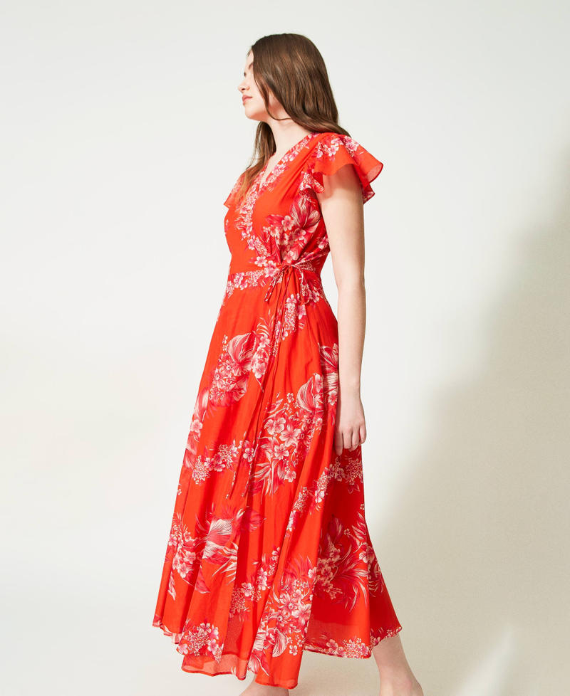 Long printed muslin wrap-around dress Orange / “Cerise” Fuchsia Hibiscus Print Woman 231TT2458-02