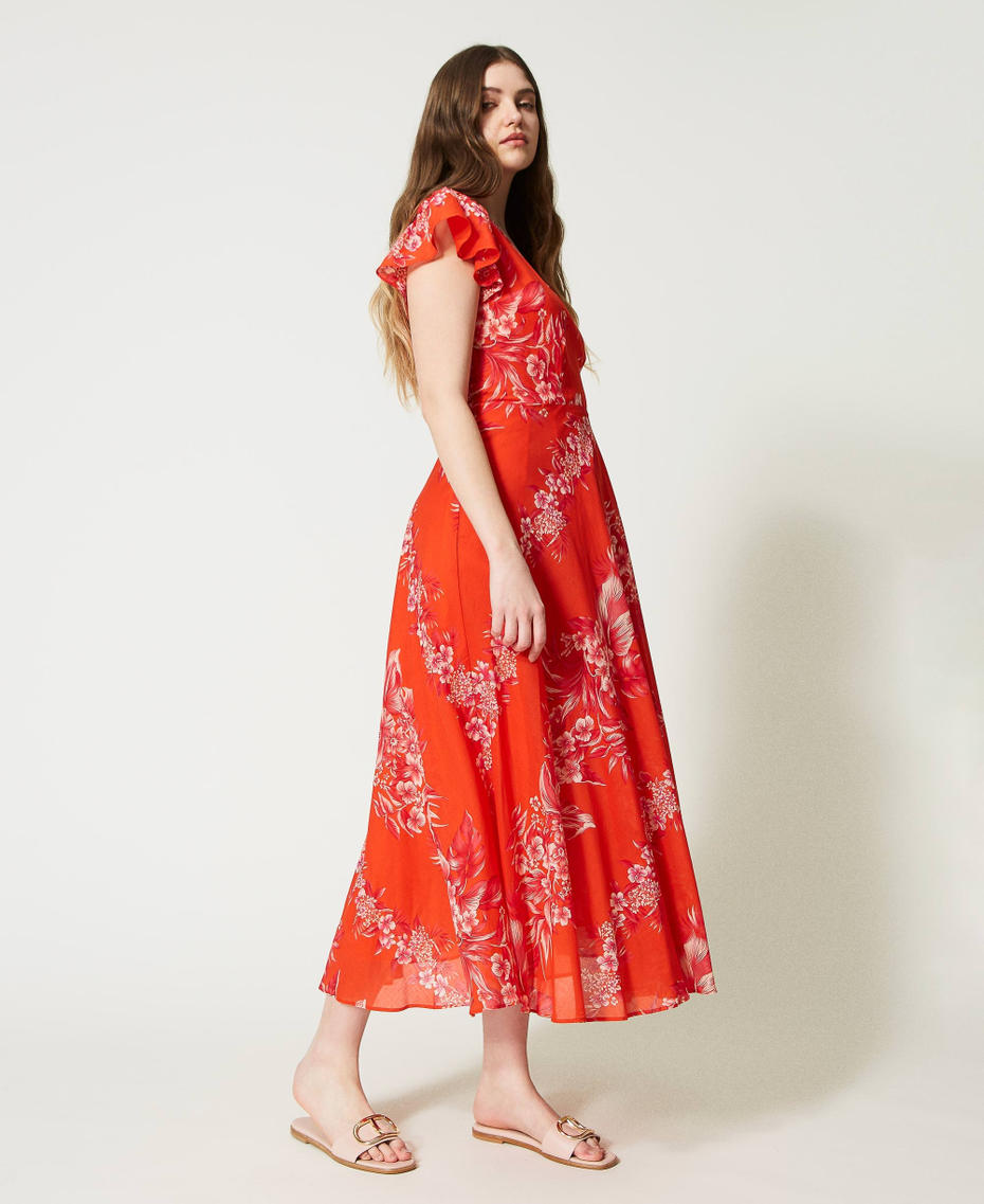 Long printed muslin wrap-around dress Orange / “Cerise” Fuchsia Hibiscus Print Woman 231TT2458-03