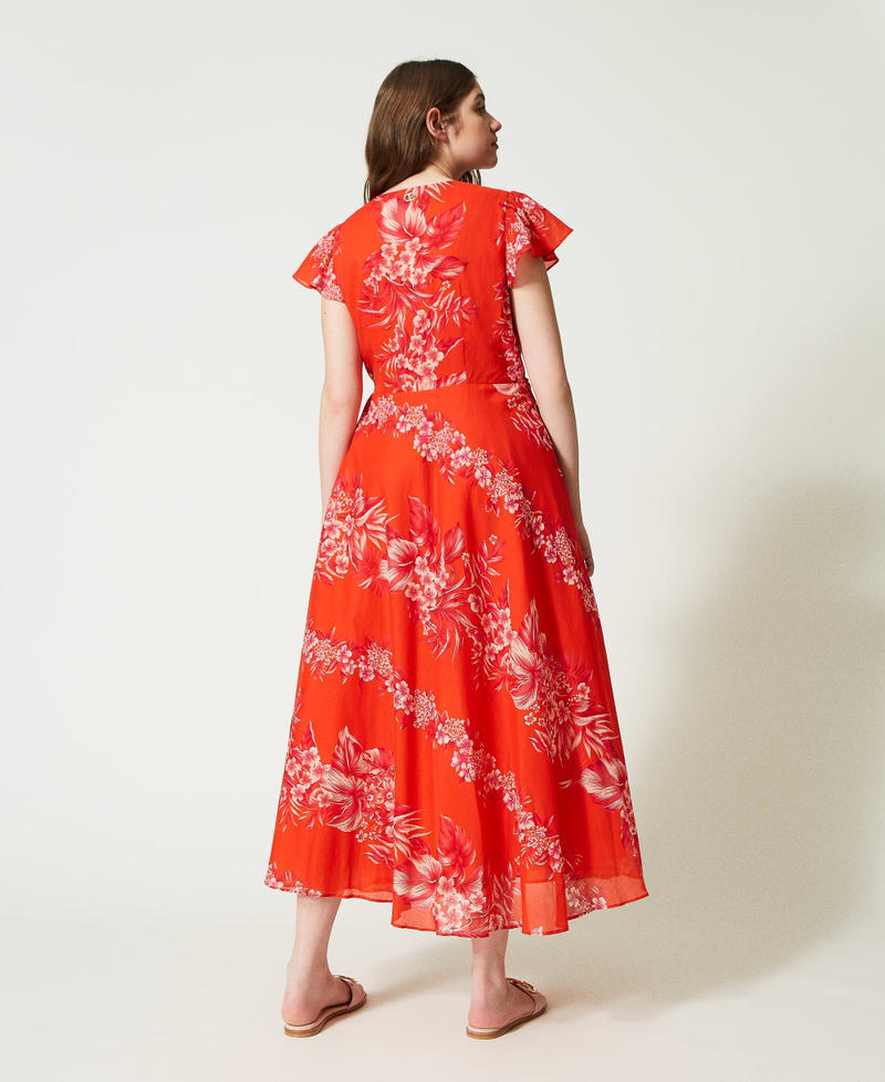 Long printed muslin wrap-around dress Orange / “Cerise” Fuchsia Hibiscus Print Woman 231TT2458-04