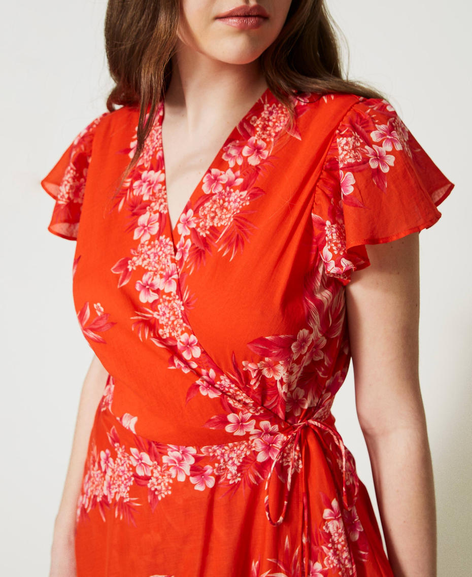 Long printed muslin wrap-around dress Orange / “Cerise” Fuchsia Hibiscus Print Woman 231TT2458-05