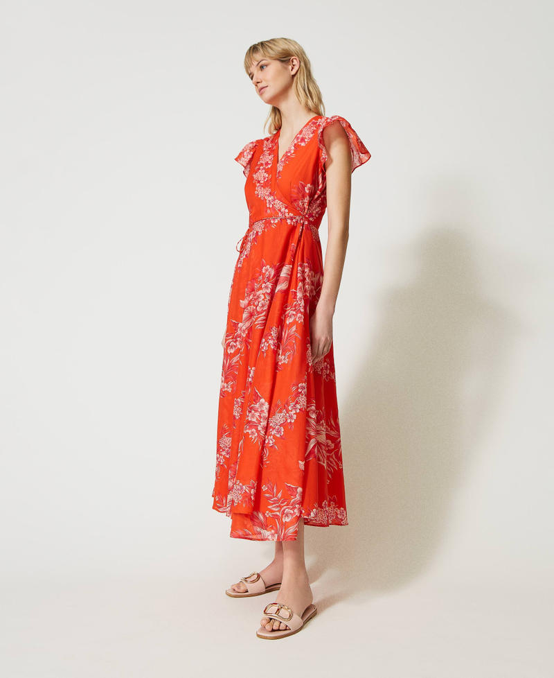Long printed muslin wrap-around dress Orange / “Cerise” Fuchsia Hibiscus Print Woman 231TT2458-06