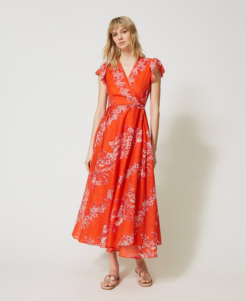 Long printed muslin wrap-around dress Orange / “Cerise” Fuchsia Hibiscus Print Woman 231TT2458-07
