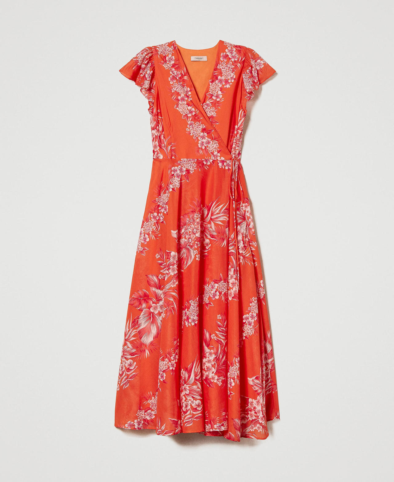 Langes Wickelkleid aus bedrucktem Musselin Print Hibiskusdessin Orange / „Cerise“-Fuchsia Frau 231TT2458-0S