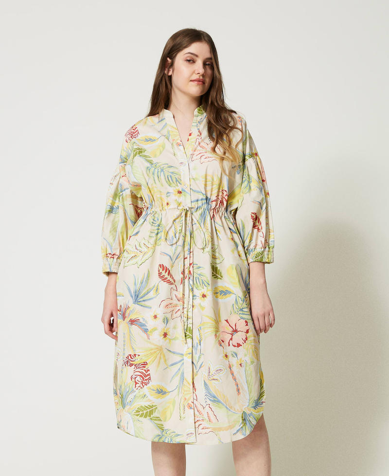 Midi-Hemdblusenkleid aus bedrucktem Popeline Dschungelprint Elfenbein / Multicolor Frau 231TT2492-01