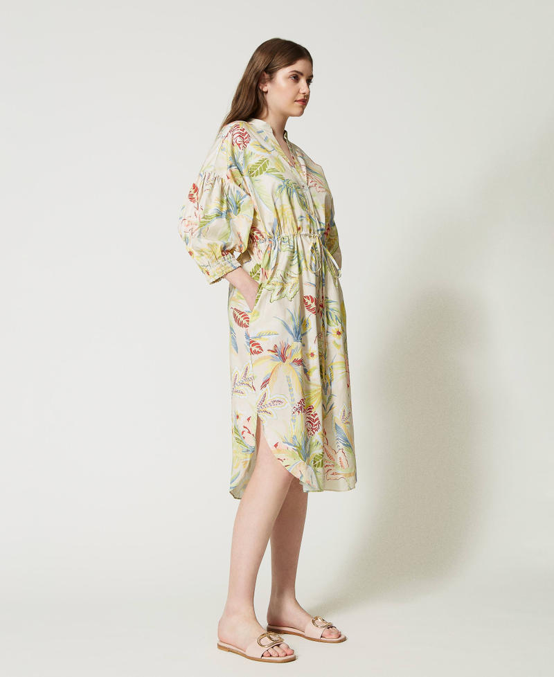 Midi-Hemdblusenkleid aus bedrucktem Popeline Dschungelprint Elfenbein / Multicolor Frau 231TT2492-02