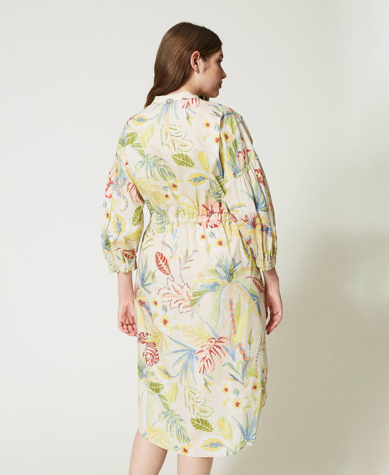 Midi-Hemdblusenkleid aus bedrucktem Popeline Dschungelprint Elfenbein / Multicolor Frau 231TT2492-03