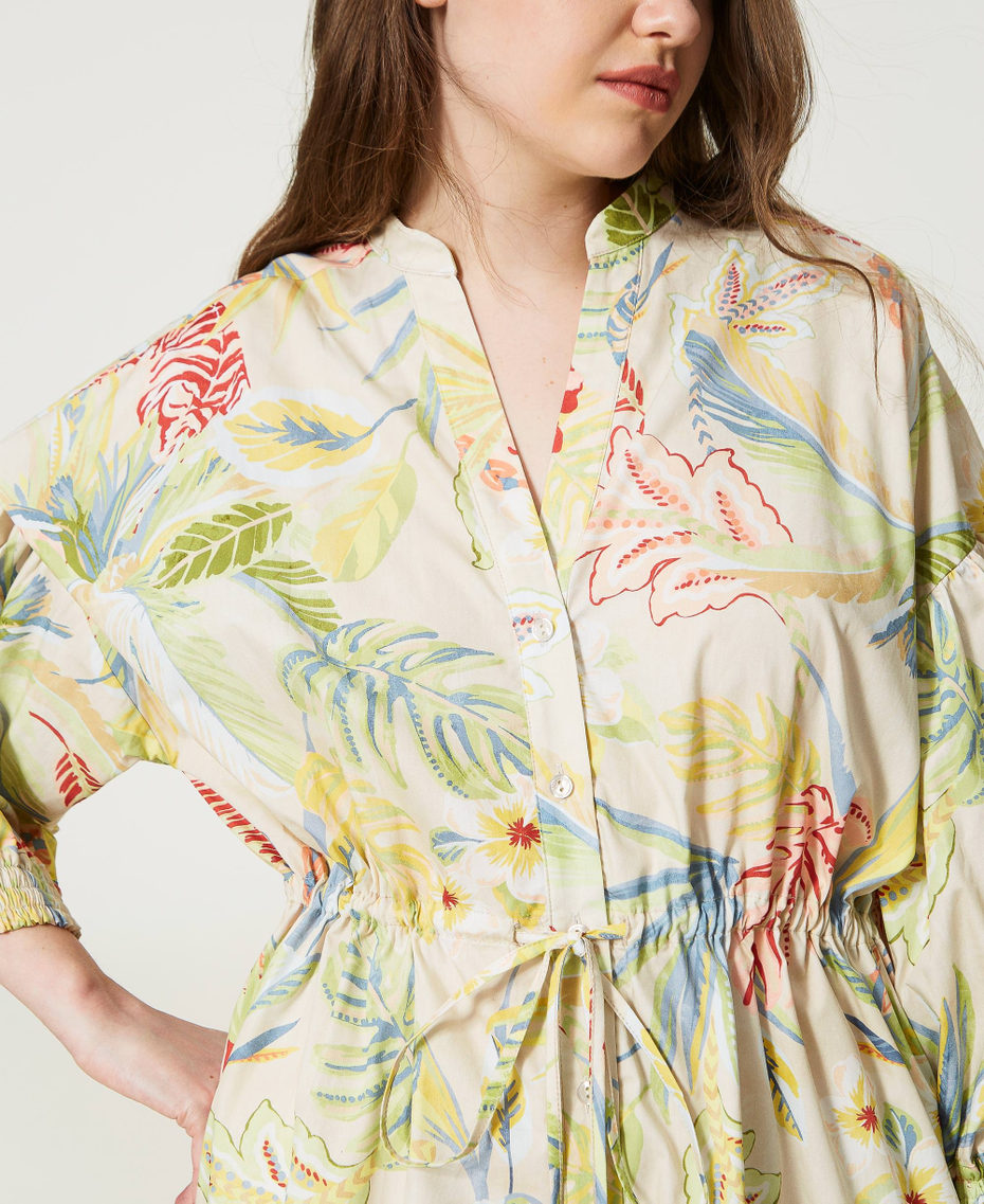 Midi-Hemdblusenkleid aus bedrucktem Popeline Dschungelprint Elfenbein / Multicolor Frau 231TT2492-04