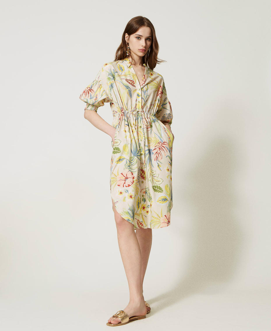 Midi-Hemdblusenkleid aus bedrucktem Popeline Dschungelprint Elfenbein / Multicolor Frau 231TT2492-06
