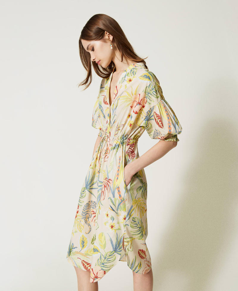 Midi-Hemdblusenkleid aus bedrucktem Popeline Dschungelprint Elfenbein / Multicolor Frau 231TT2492-07