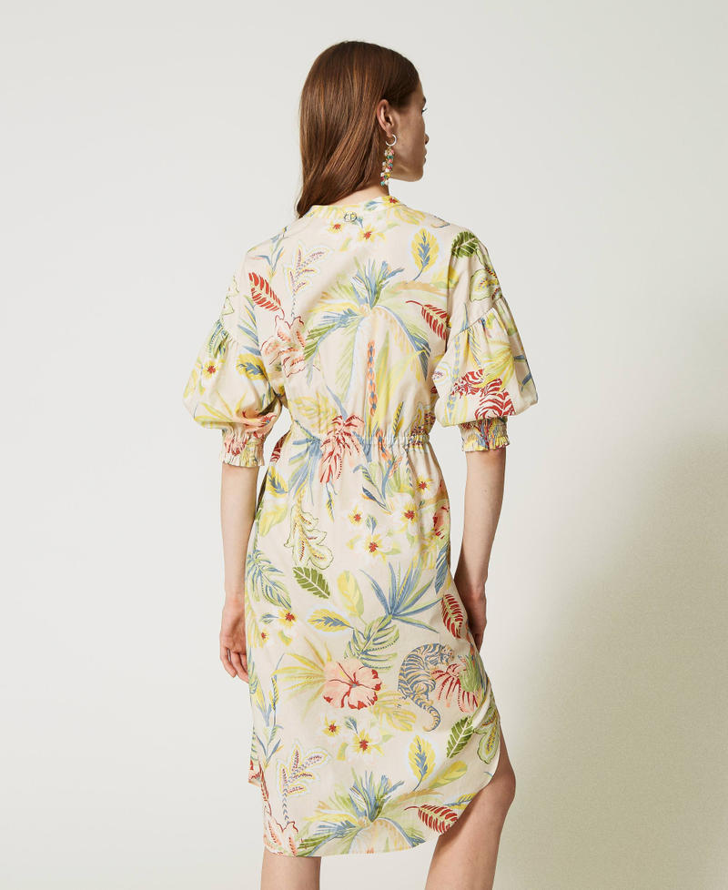 Midi-Hemdblusenkleid aus bedrucktem Popeline Dschungelprint Elfenbein / Multicolor Frau 231TT2492-08