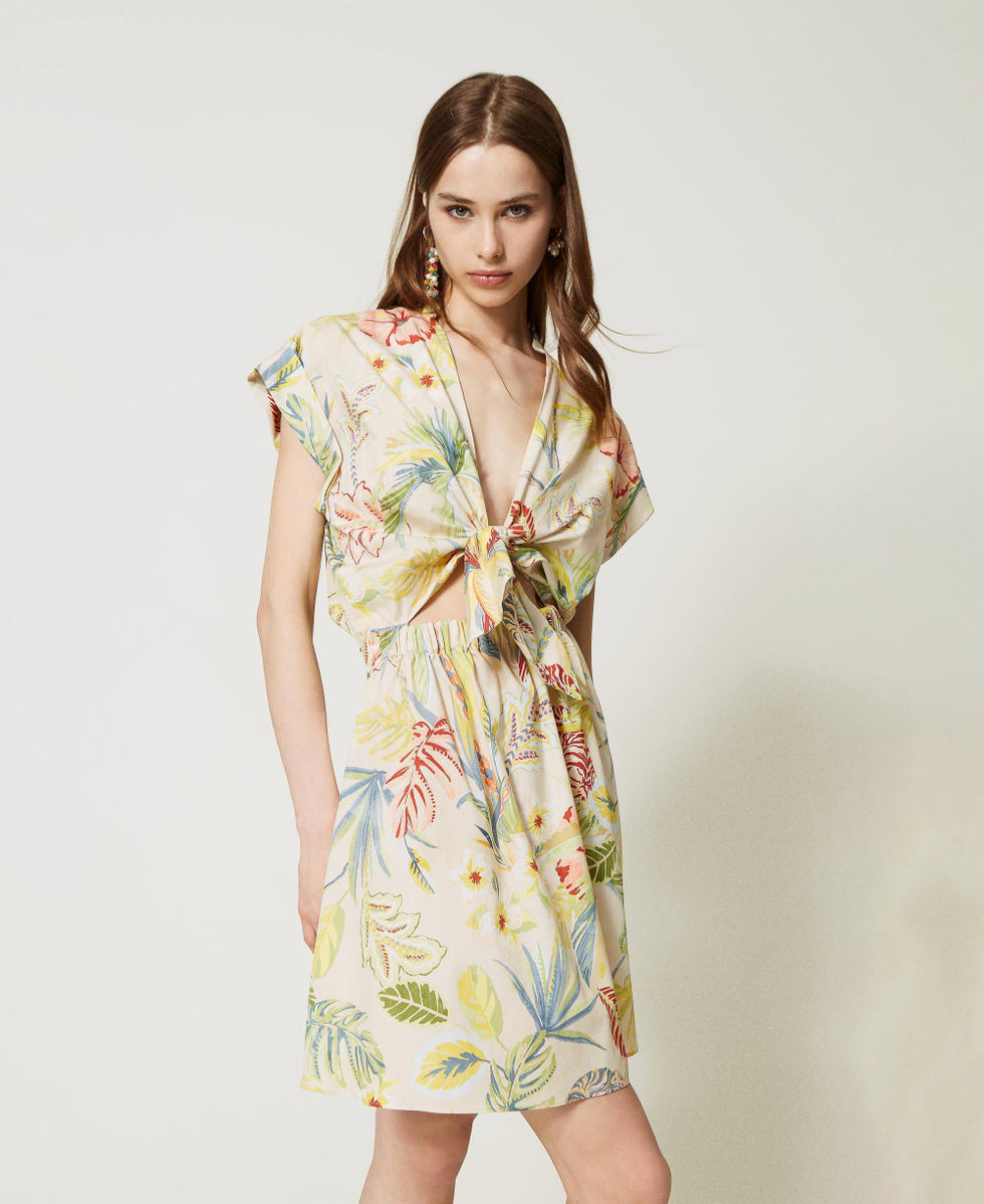 Short printed poplin dress with bow Ivory / Multicolour Jungle Print Woman 231TT2496_10738_01