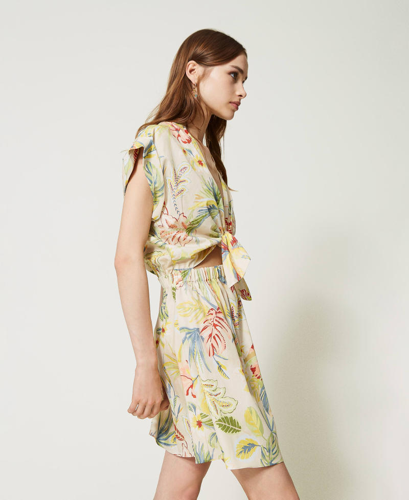 Short printed poplin dress with bow Ivory / Multicolour Jungle Print Woman 231TT2496-03