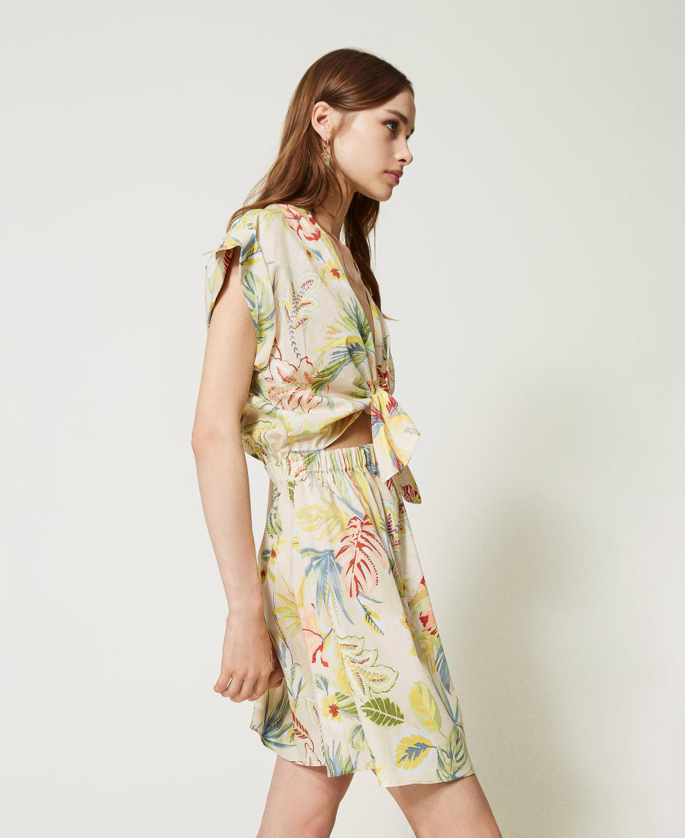 Short printed poplin dress with bow Ivory / Multicolour Jungle Print Woman 231TT2496_10738_03
