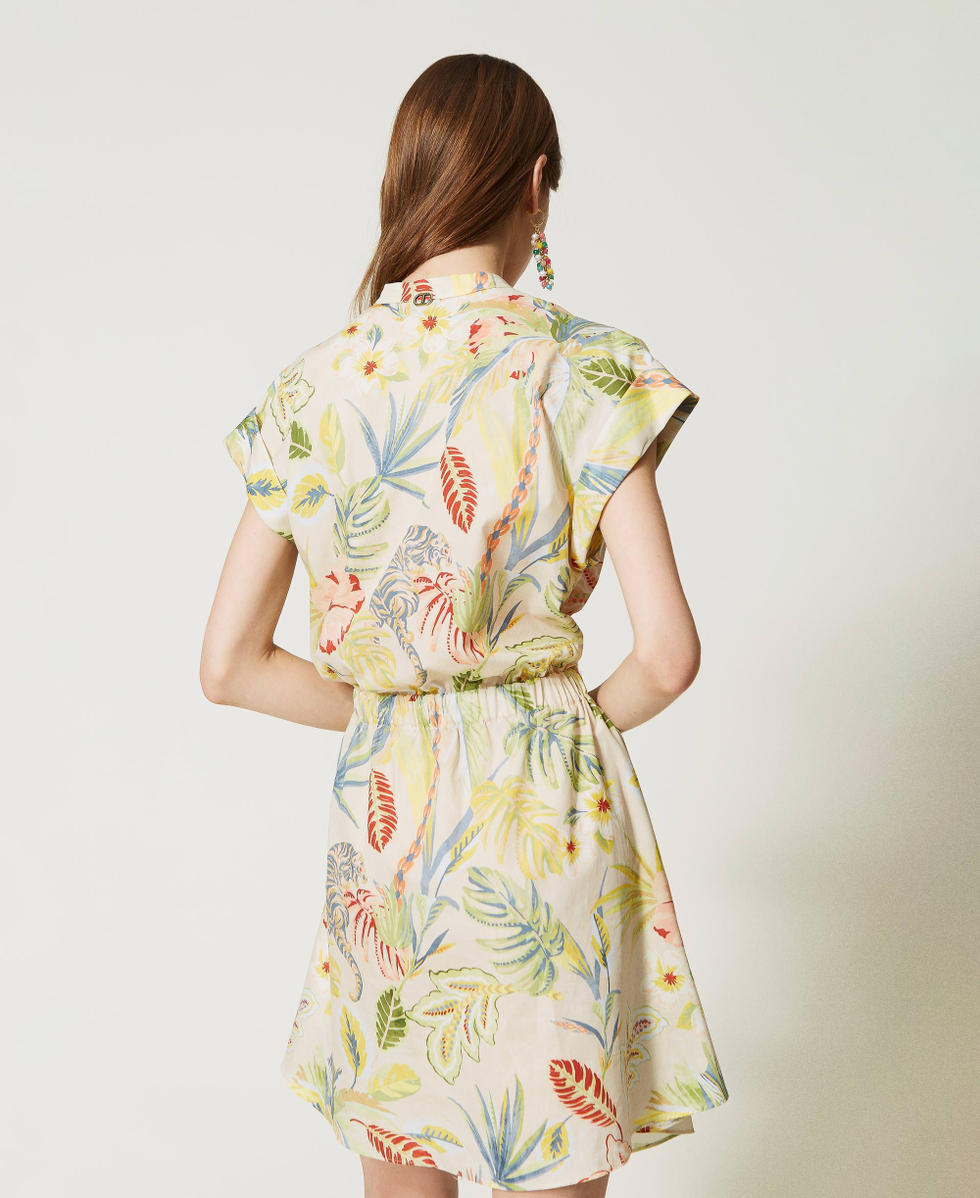 Short printed poplin dress with bow Ivory / Multicolour Jungle Print Woman 231TT2496_10738_04