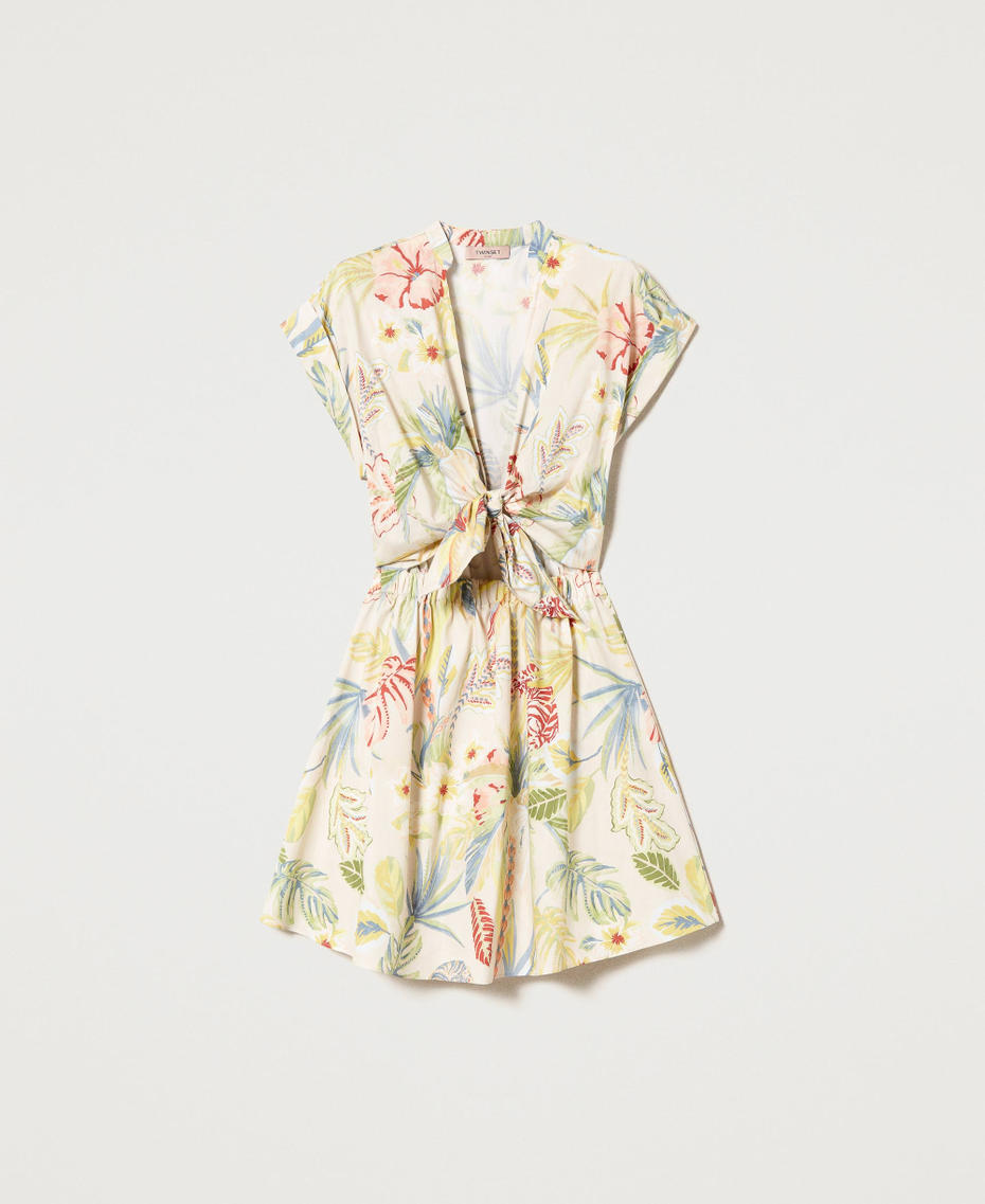 Short printed poplin dress with bow Ivory / Multicolour Jungle Print Woman 231TT2496-0S