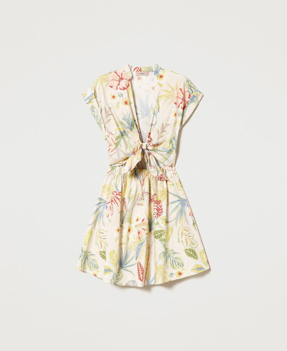 Short printed poplin dress with bow
