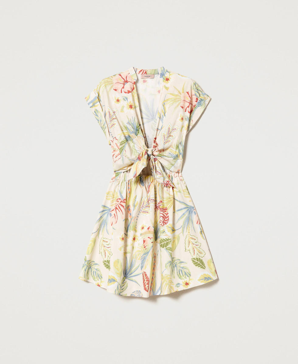 Short printed poplin dress with bow Ivory / Multicolour Jungle Print Woman 231TT2496_10738_S0