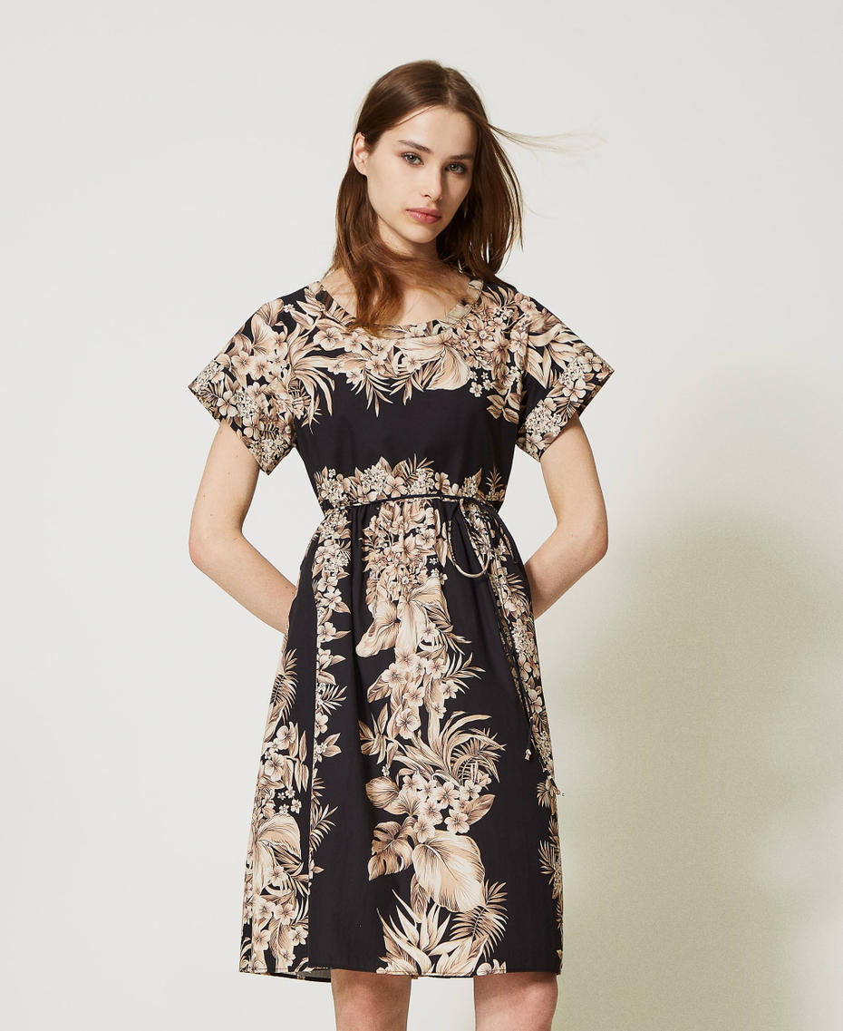 Short printed poplin dress Black / “Pale Hemp” Beige Hibiscus Print Woman 231TT2501-01