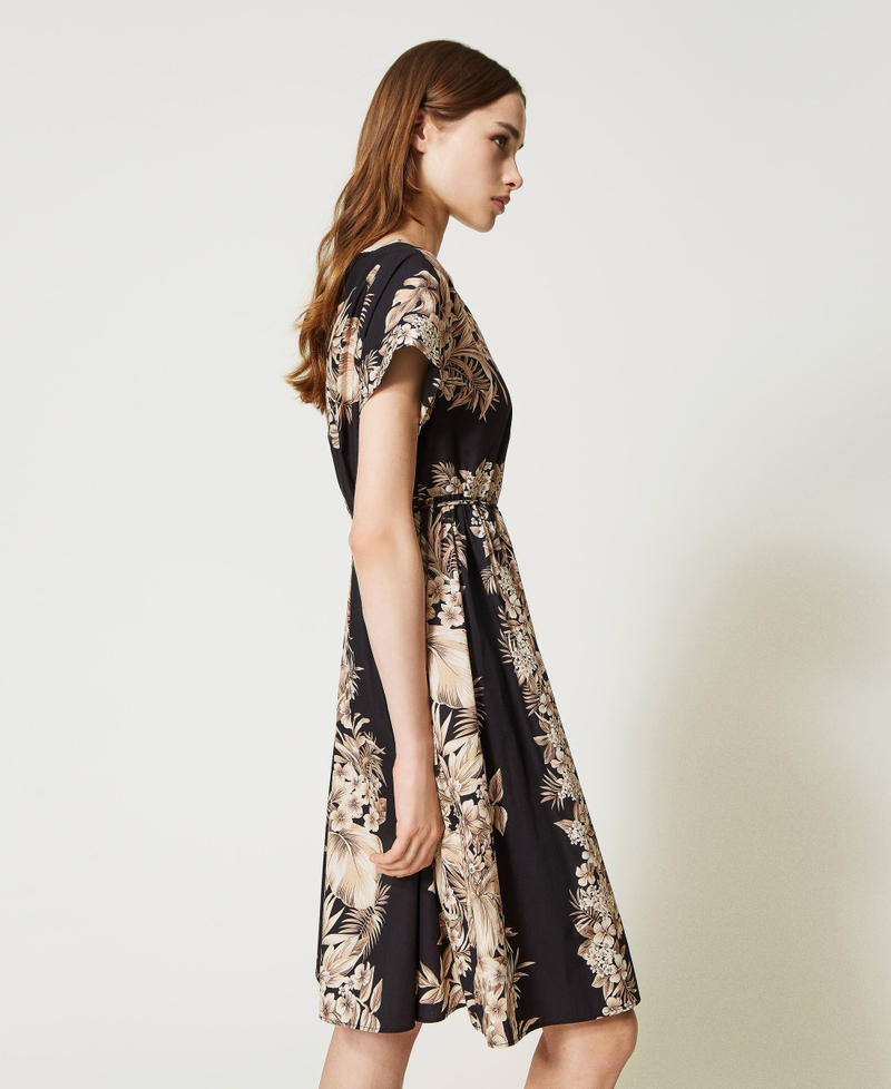 Short printed poplin dress Black / “Pale Hemp” Beige Hibiscus Print Woman 231TT2501-03