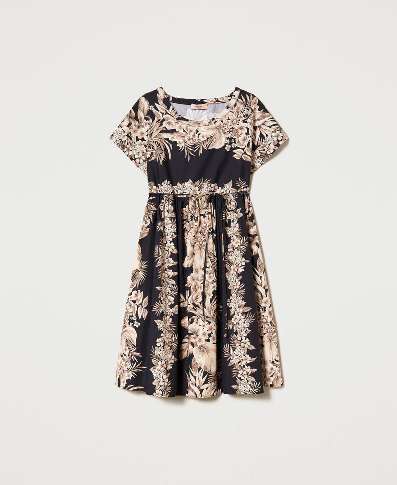 Short printed poplin dress Black / “Pale Hemp” Beige Hibiscus Print Woman 231TT2501-0S