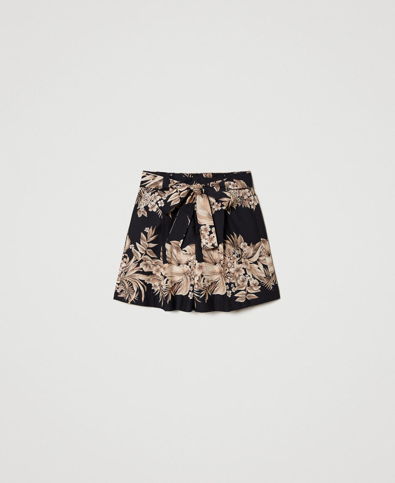 Shorts de popelina de algodón estampado Estampado Dibujo Hibisco Negro / Beige «Cáñamo Claro» Mujer 231TT2503-0S