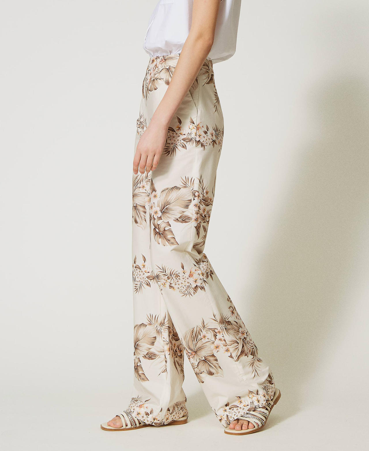 Printed cotton poplin trousers Ivory / Pink Hibiscus Print Woman 231TT2504-02