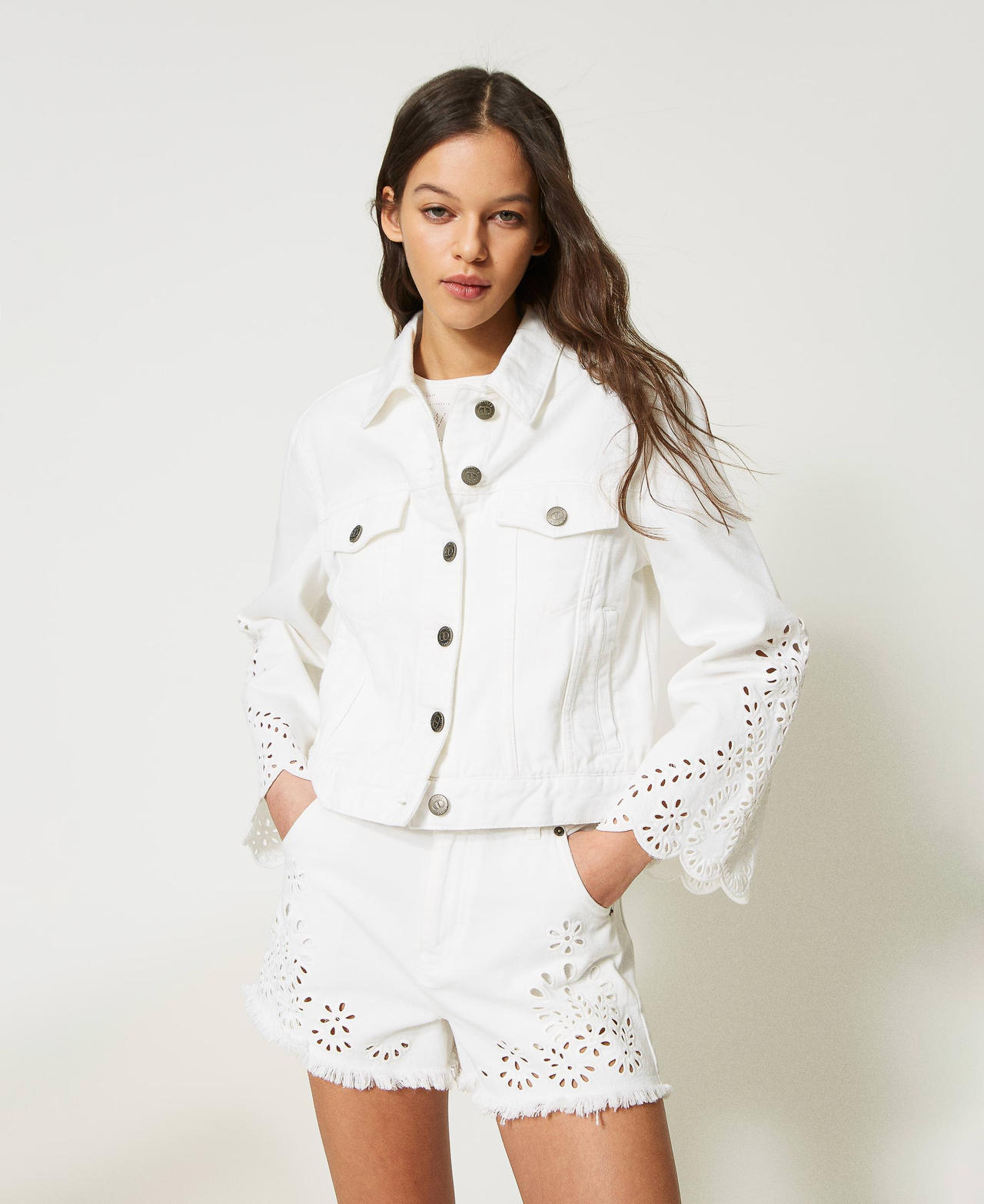 Bull jacket with broderie anglaise White Denim Woman 231TT2750-02