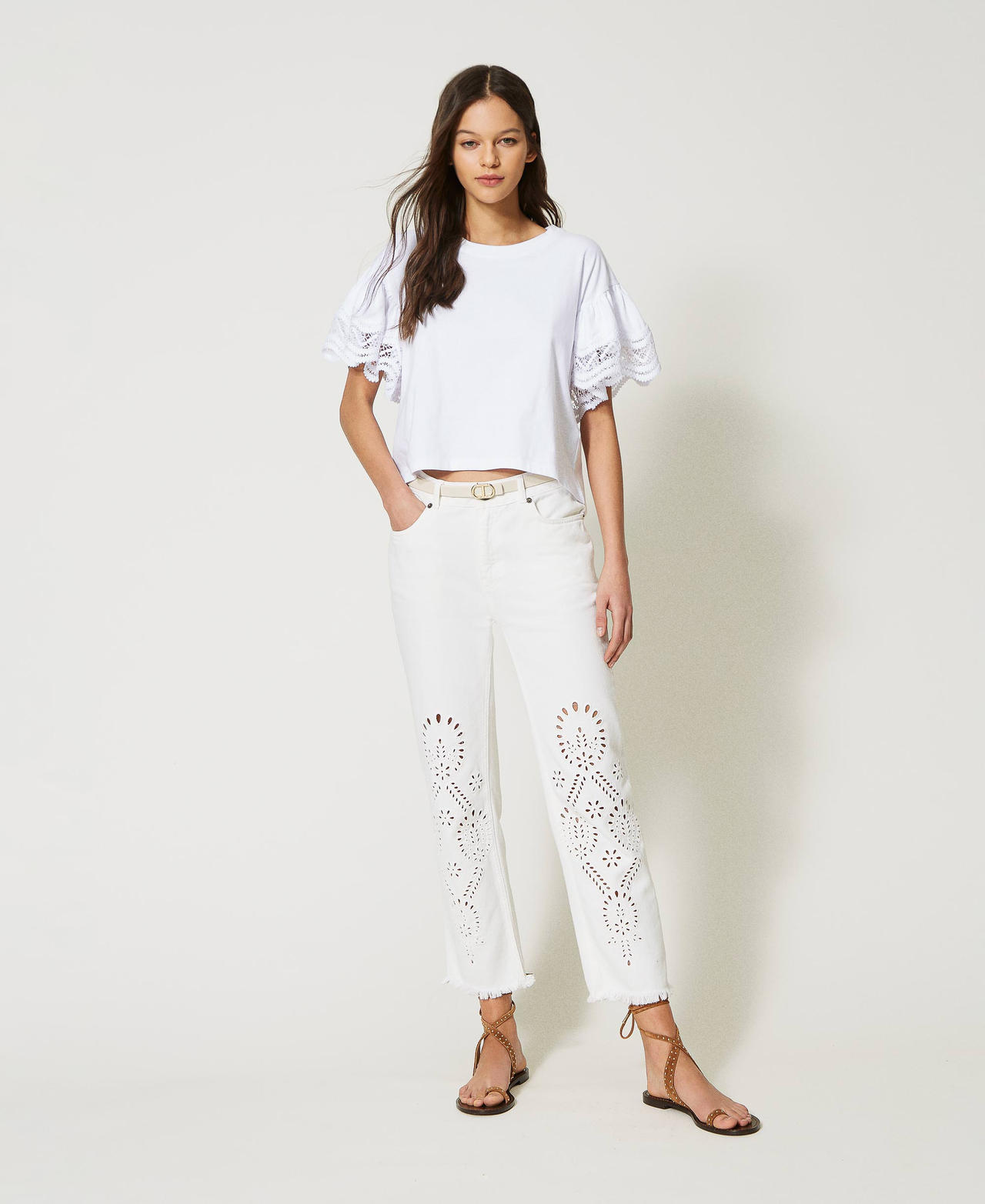 Slim bull trousers with broderie anglaise White Denim Woman 231TT2751-02