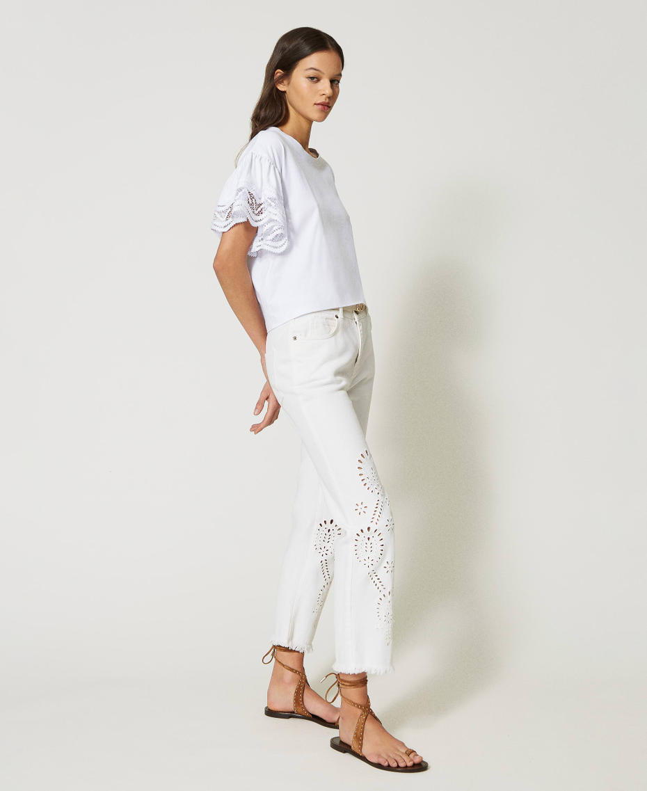 Slim bull trousers with broderie anglaise White Denim Woman 231TT2751-03