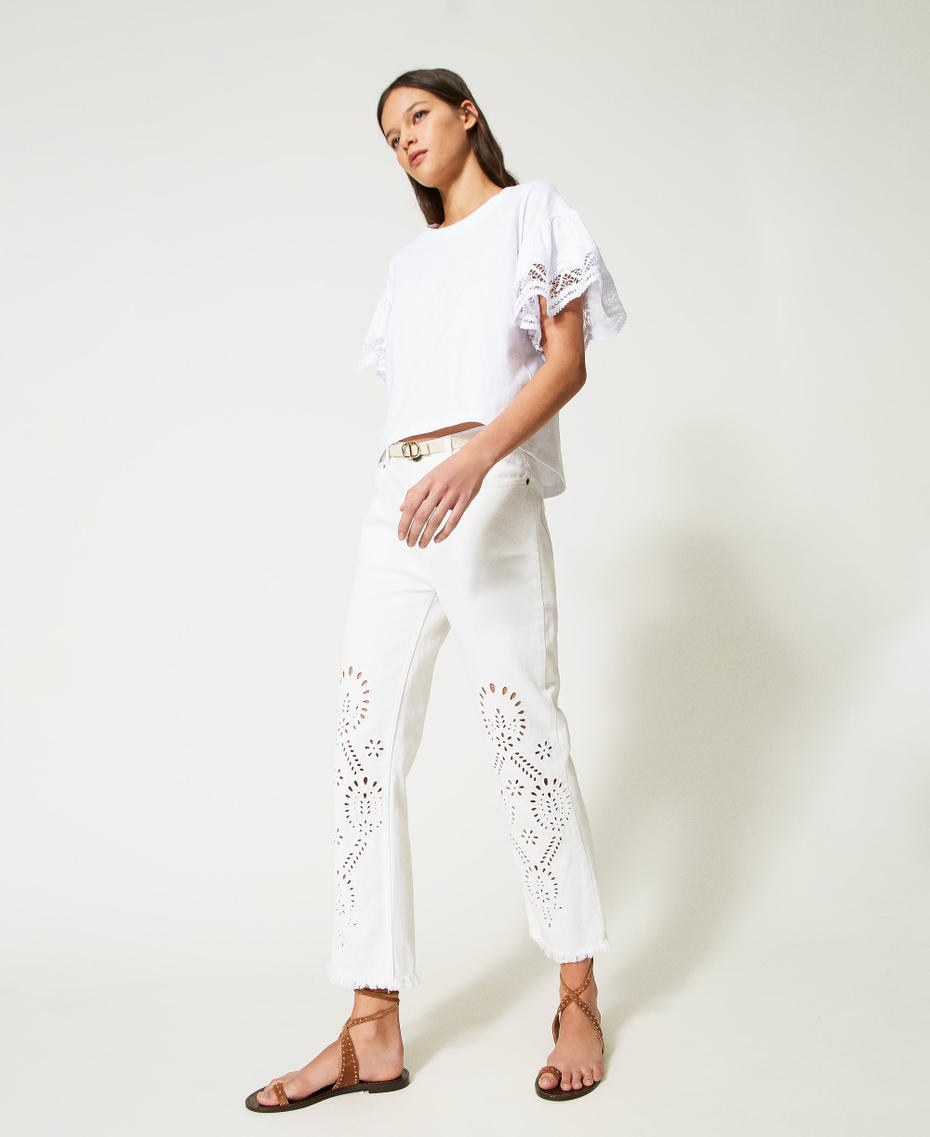 Slim bull trousers with broderie anglaise White Denim Woman 231TT2751-04