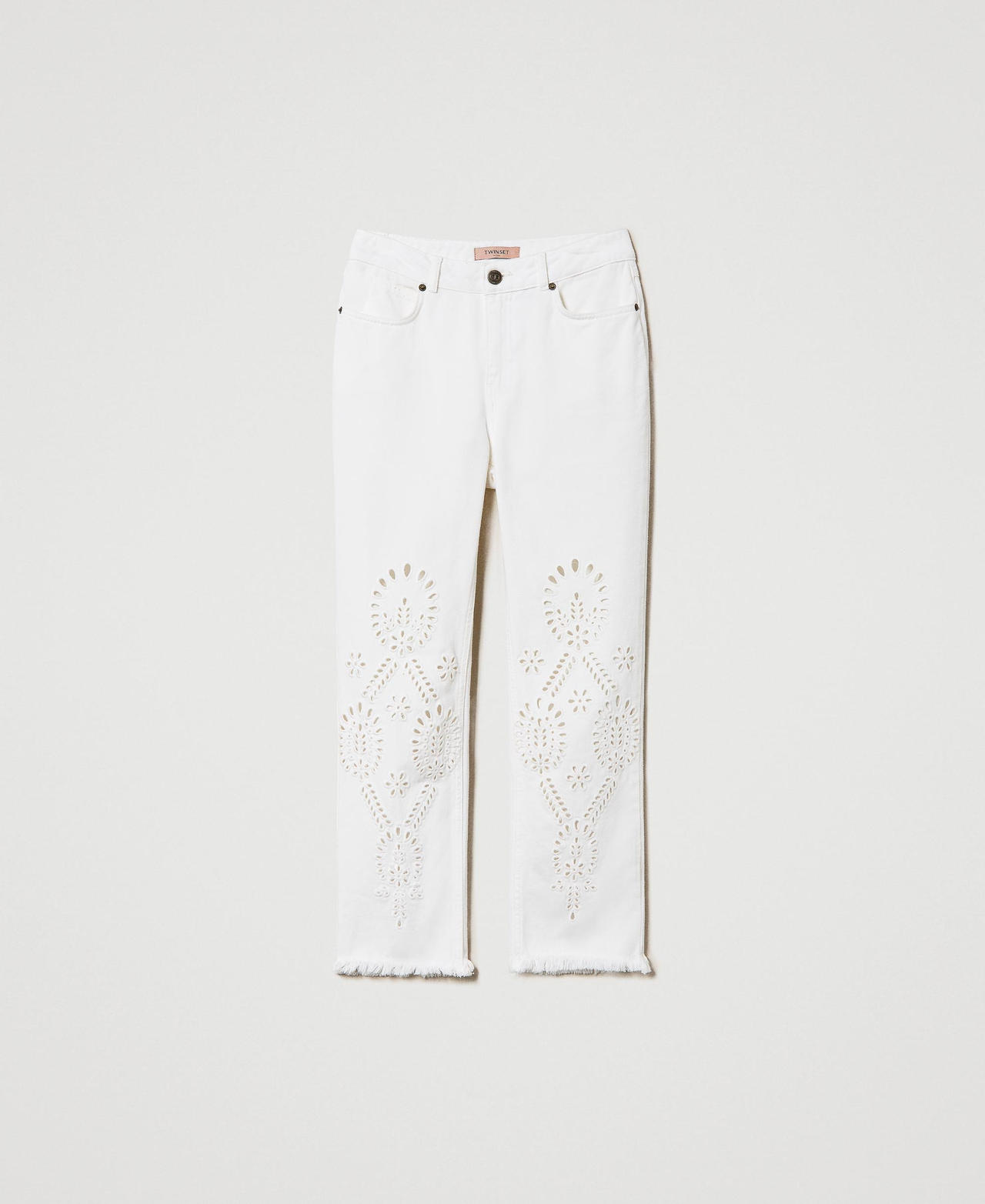 Облегающие брюки из саржевого полотна с вышивкой сангалло Белый Деним женщина 231TT2751-0S