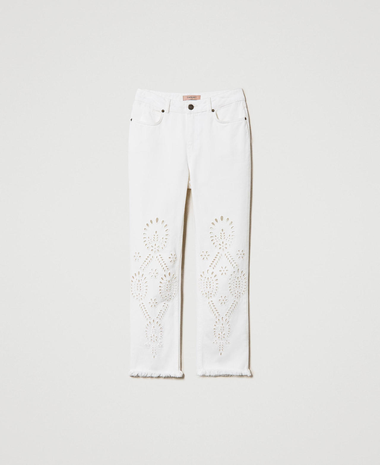 Pantalon slim en bull avec broderie anglaise