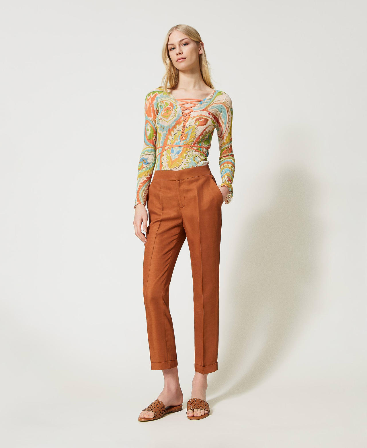 Pantaloni a sigaretta in misto lino Donna Marrone TWINSET Milano