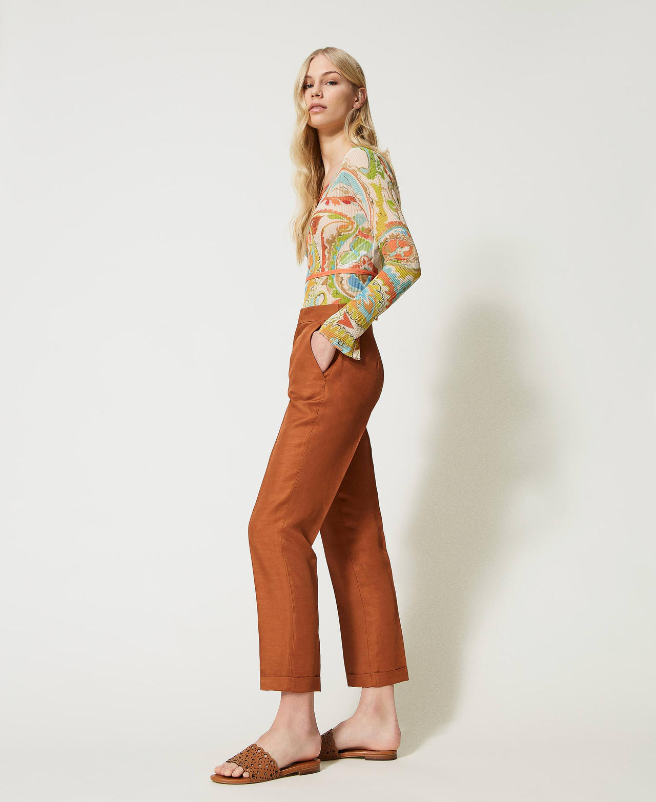 Linen blend cigarette trousers