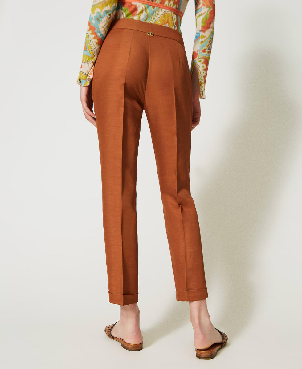 Linen blend cigarette trousers Woman Brown TWINSET Milano