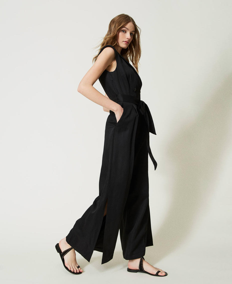 Long linen blend jumpsuit Woman, Black | TWINSET Milano