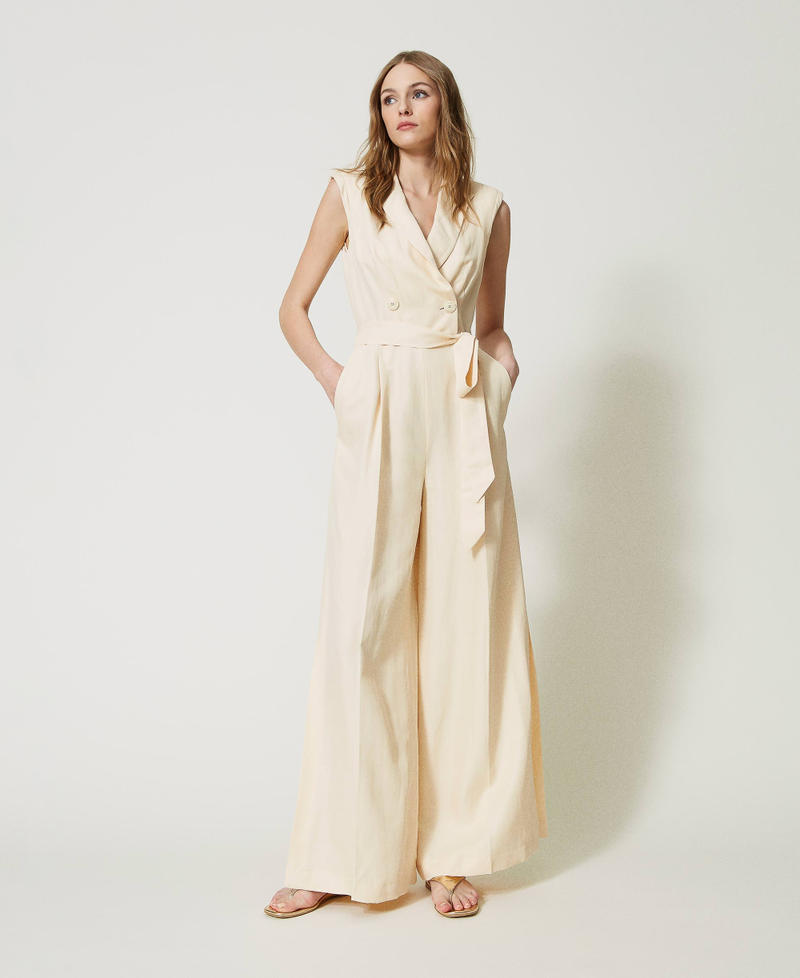 Long linen blend jumpsuit Woman, White TWINSET Milano