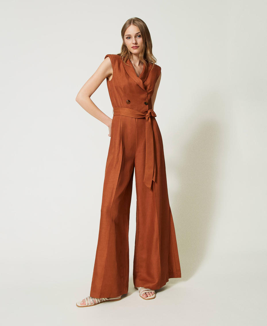 Elegant Floral Print Lace-Up Linen Jumpsuit main image 0