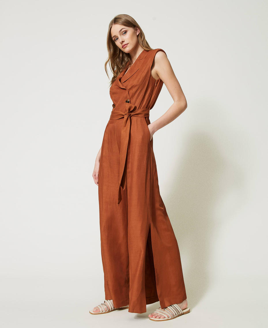 Long linen blend jumpsuit "Hazelnut” Brown Woman 231TT2777-03