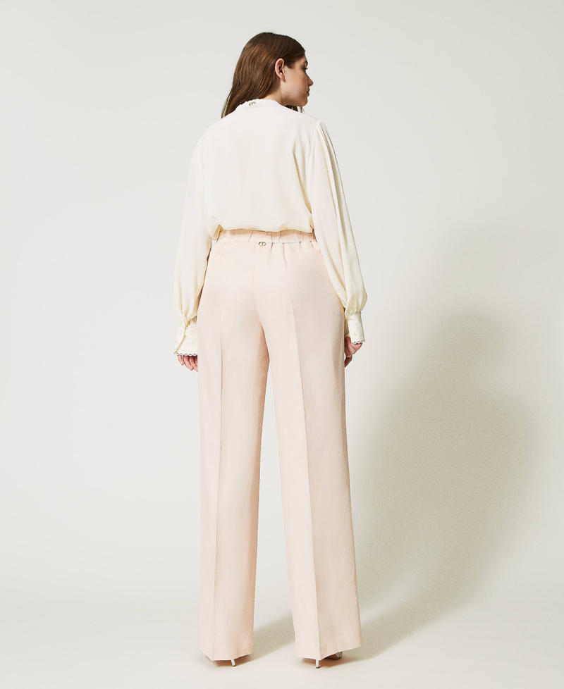Pantalones de lino mixto con elástico Marfil Mujer 231TT2778-03