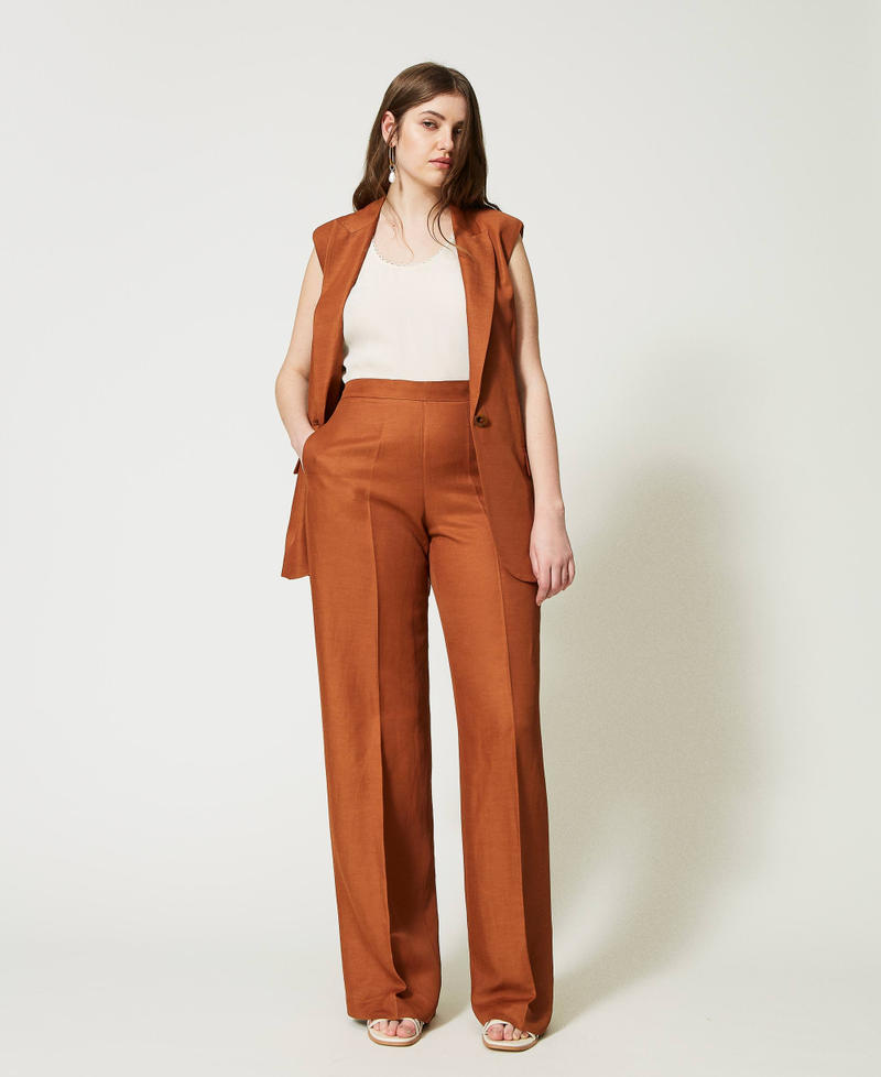 Pantaloni misto lino con elastico Marrone "Hazelnut" Donna 231TT2778_10638_02