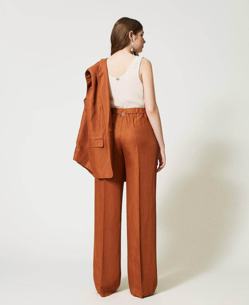 Pantalones de lino mixto con elástico Marfil Mujer 231TT2778-04