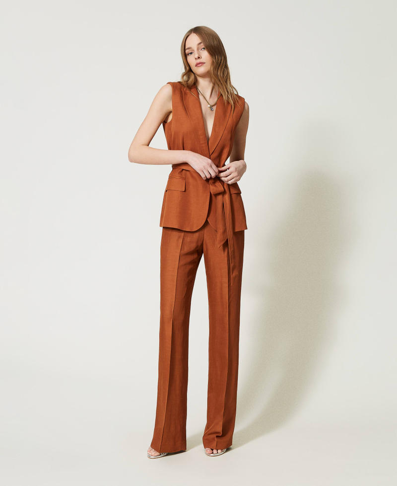 Pantalones de lino mixto con elástico Marfil Mujer 231TT2778-06