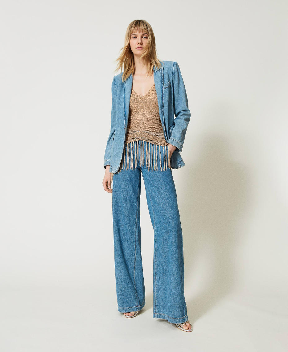 Mesh top with beads and fringes "Cuban Sand Dark” Brown Woman 231TT3070_10729_0T