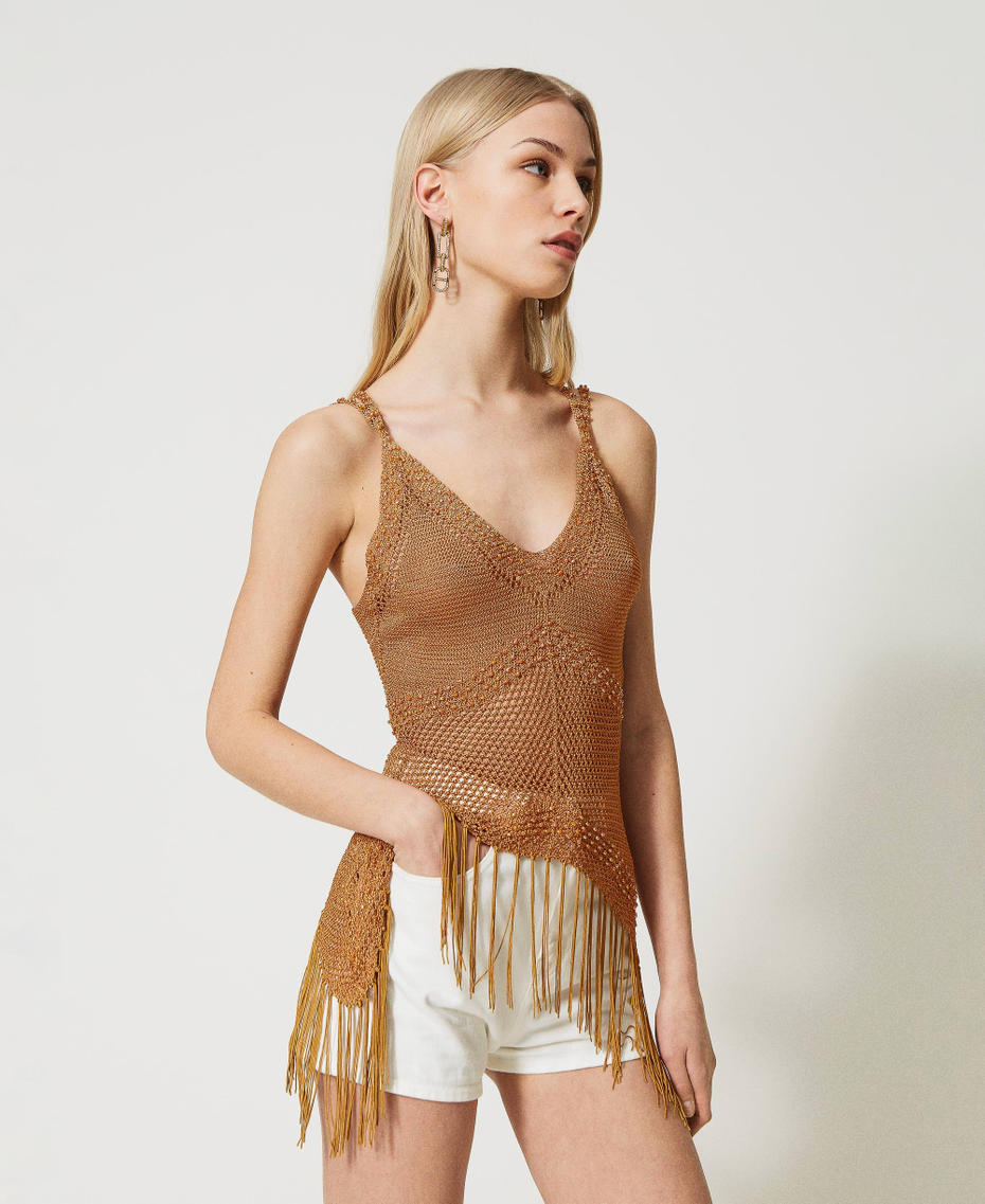 Mesh top with beads and fringes Dark Siena Woman 231TT3070_10730_03