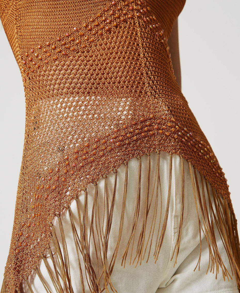 Mesh top with beads and fringes Dark Siena Woman 231TT3070_10730_05