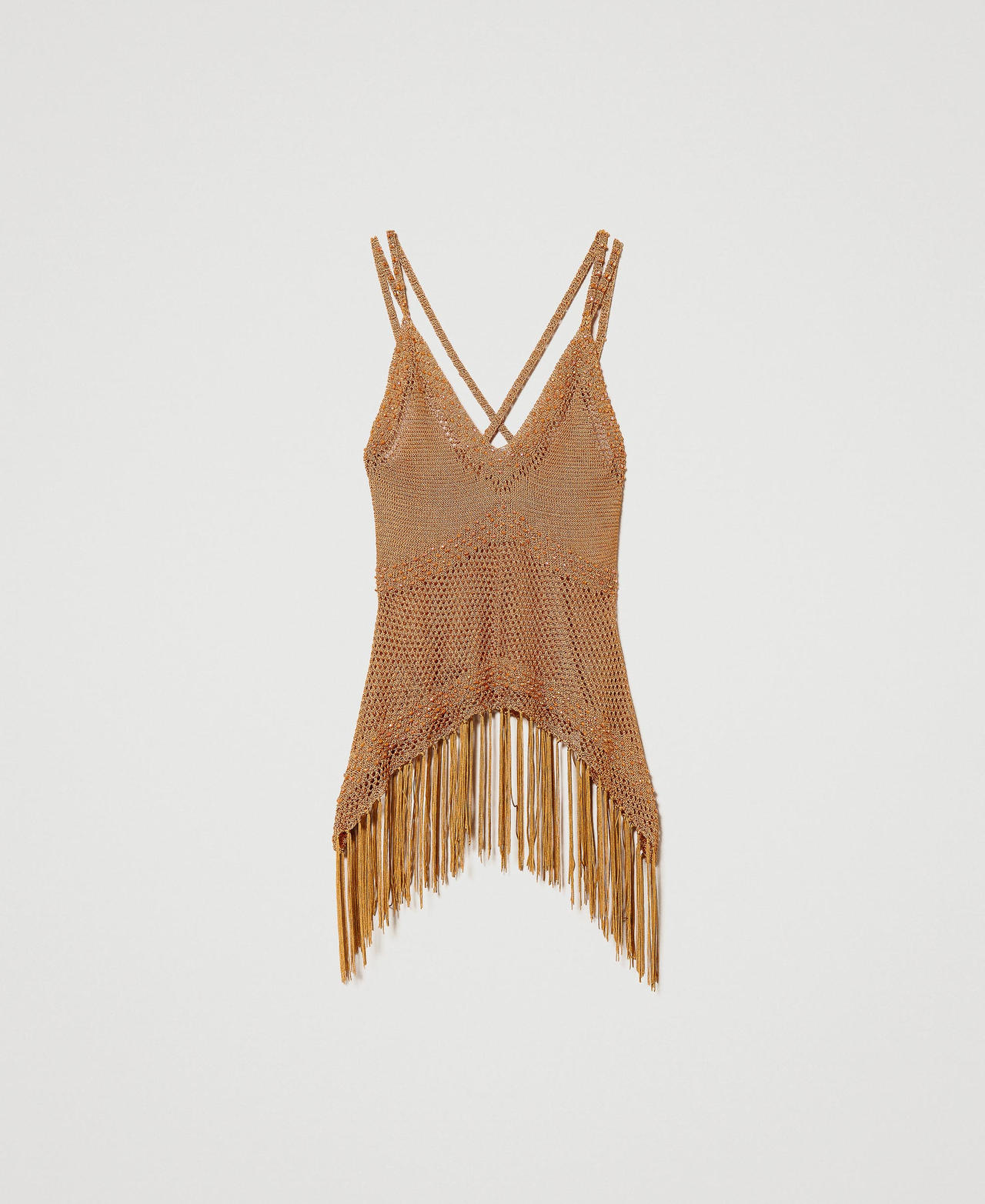 Mesh top with beads and fringes Dark Siena Woman 231TT3070_10730_0S